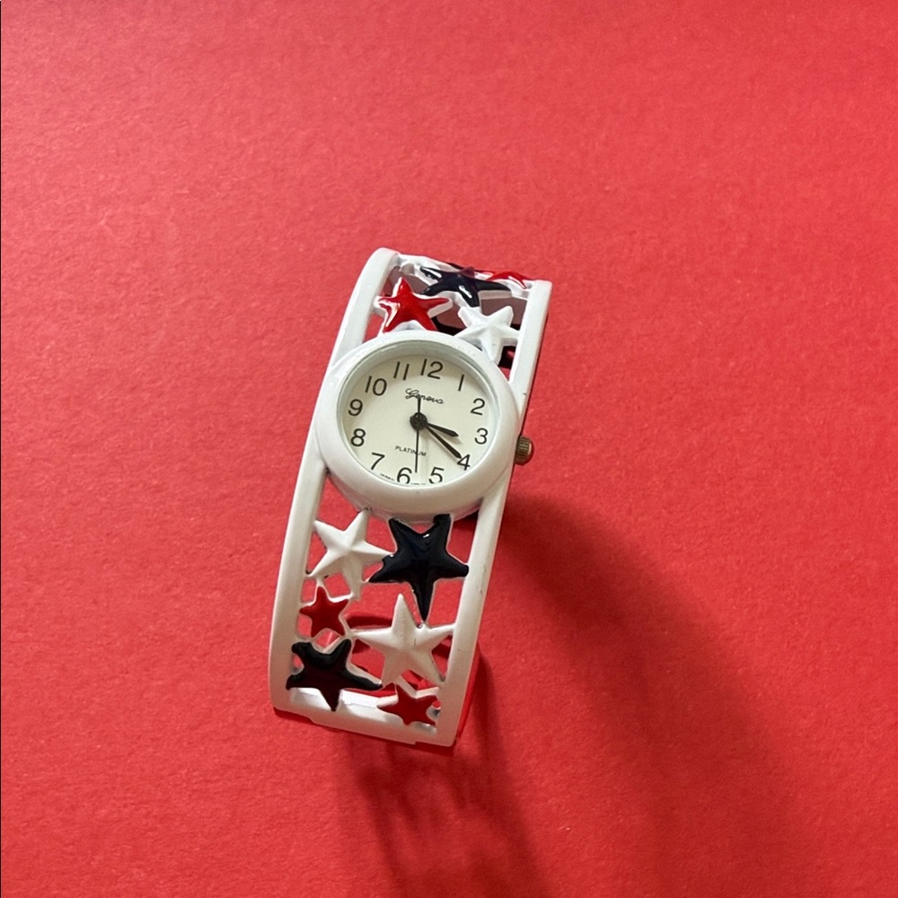 🌹 - 4/$30 Geneva White Watch with Red, Navy & Black Star Accents